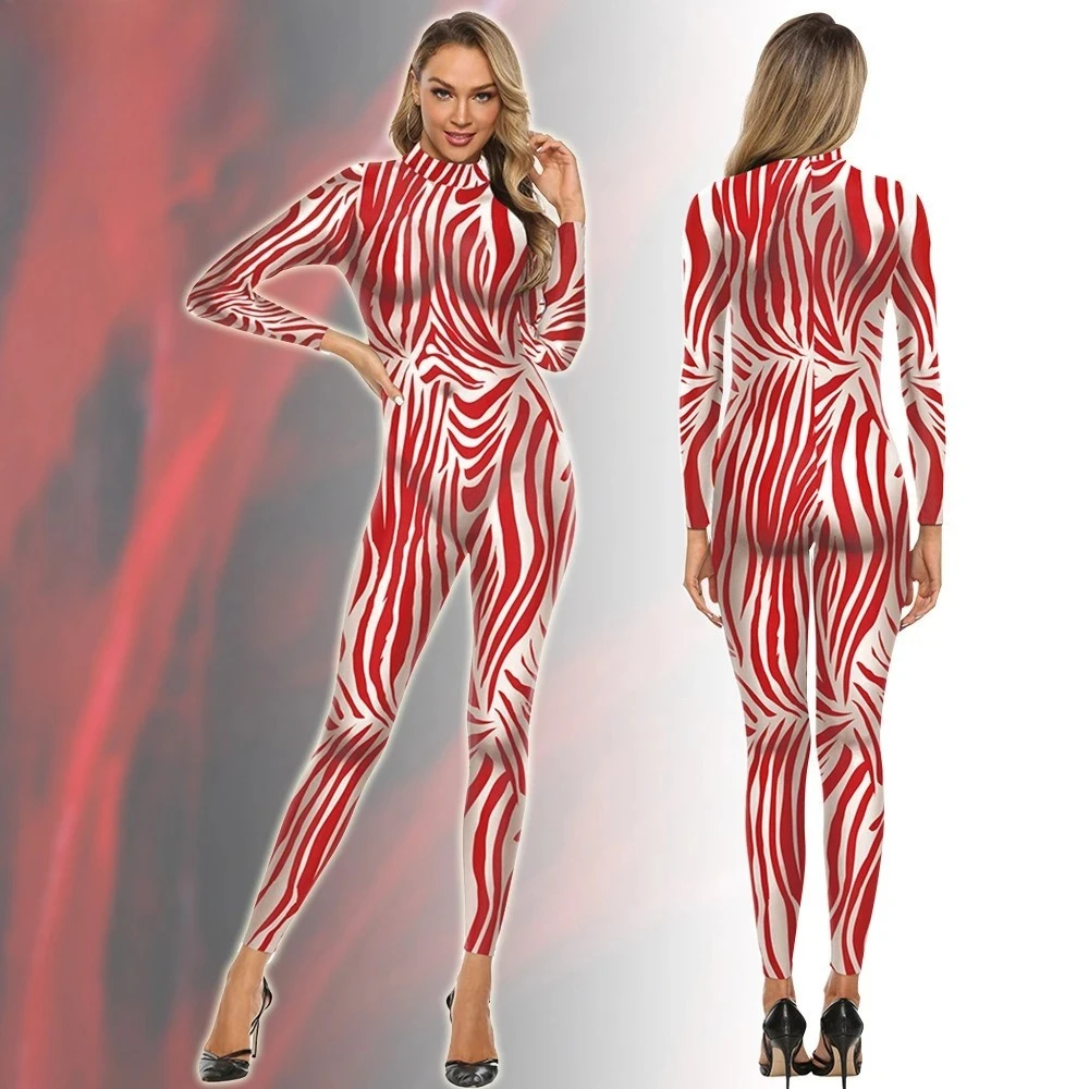 

2025 Women's Red Stripe 3D Print Jumpsuit - Fitted Halloween Cosplay Bodysuit, Stylish Catsuit for Themed Parties & Stage Shows