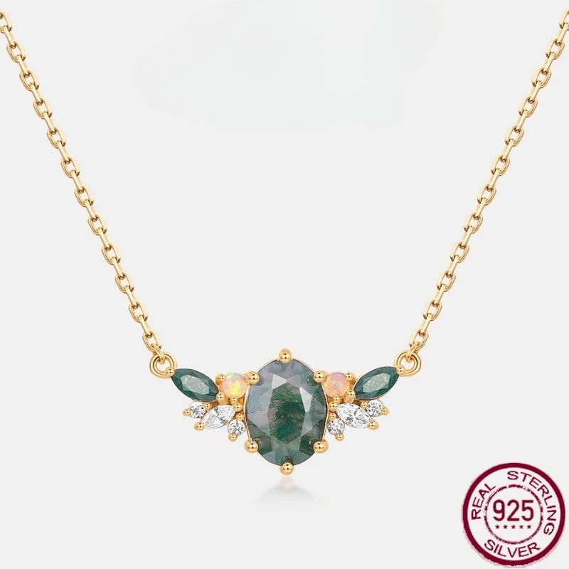

New S925 pure silver light luxury natural water grass agate inlaid with green moss stone necklace versatile wedding jewelry