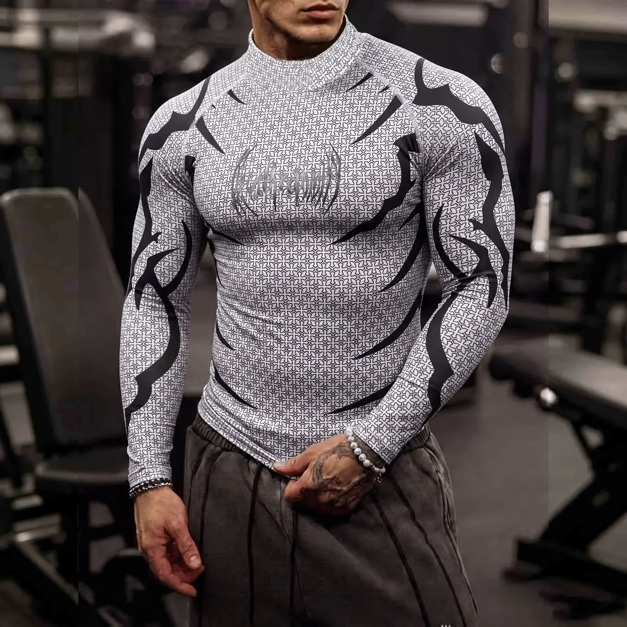 Men's Mock Neck Compression Long Sleeve Shirt Red Tribal Print Gym Workout Quick Dry Athletic Fitness Base Layer Top