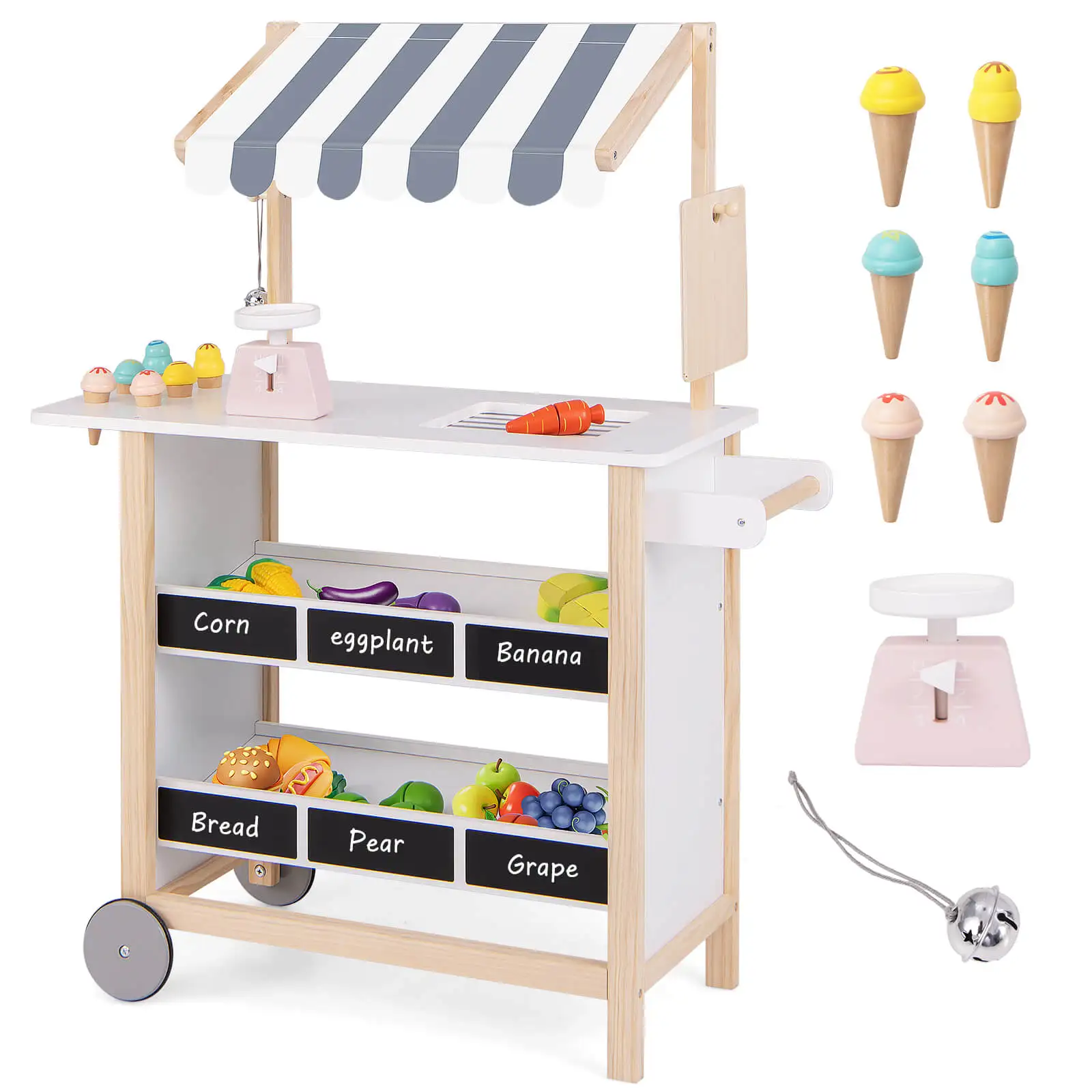 Kids Ice Cream Cart Wooden Toddler Farmers Market Stand W/ Chalkboard & Storage