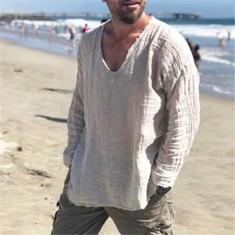 

Cotton Linen Men's Shirt Long Sleeve V-neck Solid Color Ventilate Top Hawaii Casual Loose Pullover Tops Summer Men's T-shirt