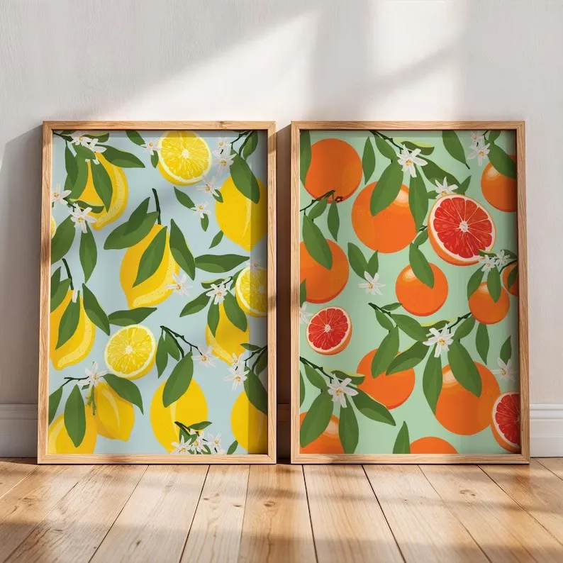 Retro Lemon and Orange Fruit Canvas Print Mediterranean Citrus Wall Art Poster for Modern Living Room Bedroom Kitchen Home De