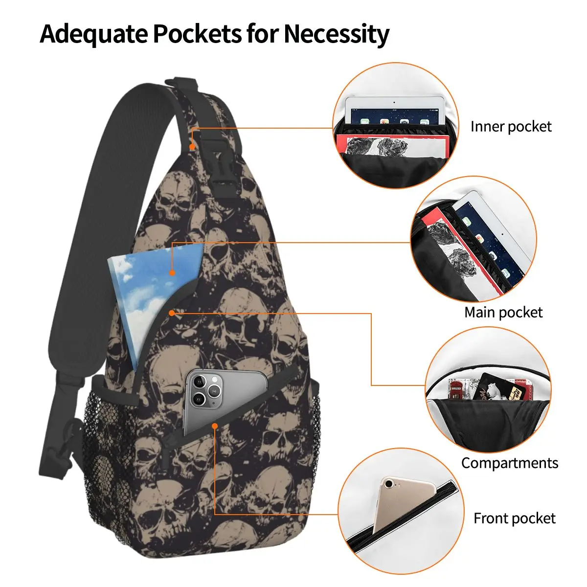 Grunge Pattern With Skulls Rock Sling Bags Chest Crossbody Shoulder Sling Backpack Hiking Travel Daypacks Printed Pack