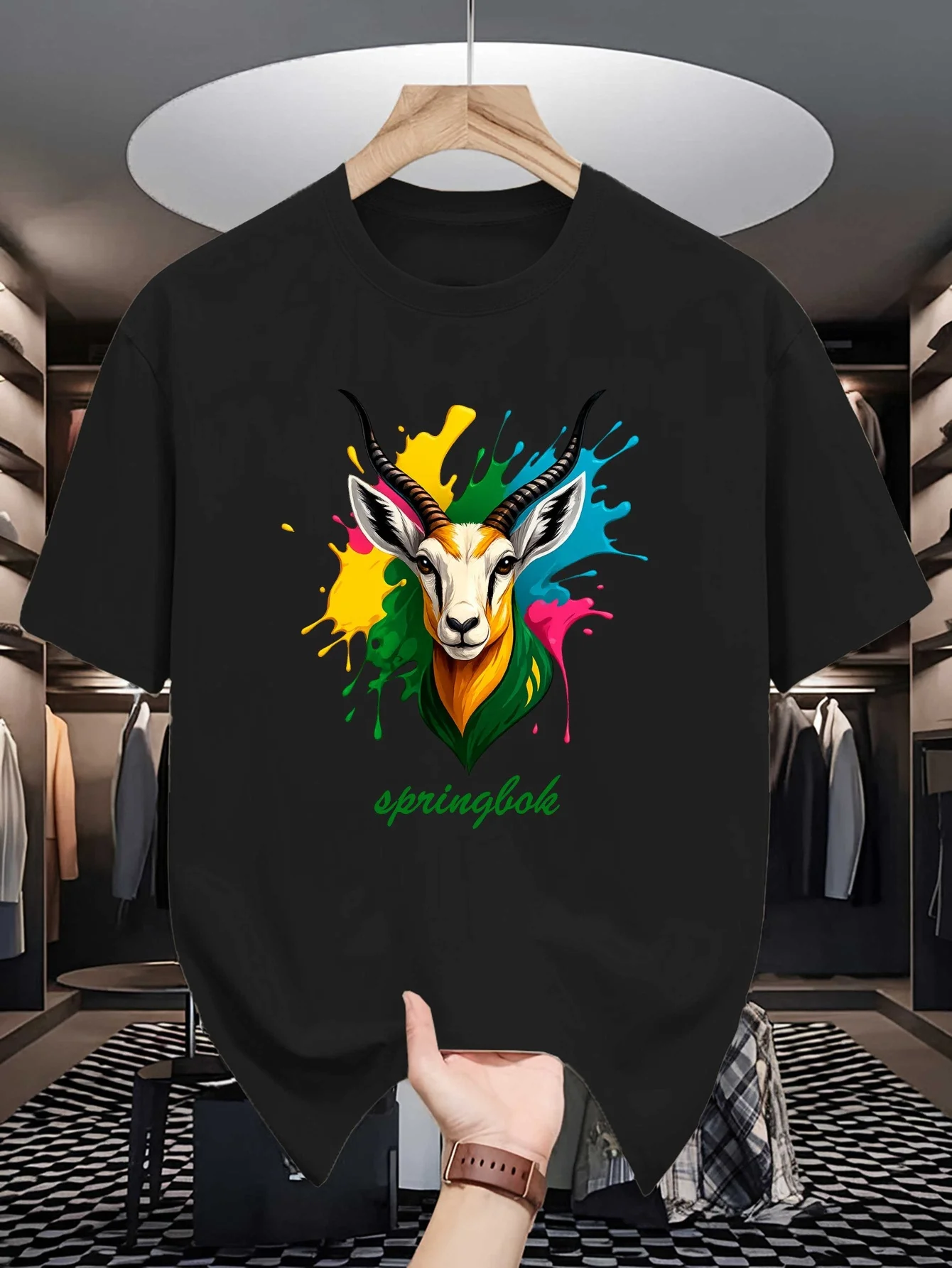 Color Splash Springbok Antelope Graphic Mens Crew Neck T Shirt Wild Animal Art Print Short Sleeve Casual Cotton Summer Tops