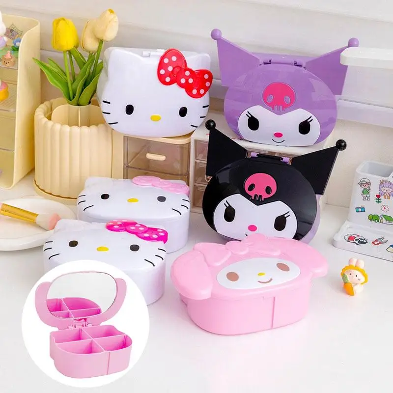 

Sanrio My Melody Kuromi Makeup Mirror Storage Box Desk Organizer With 4 Compartments Cute Table Room Decor Girl Gift