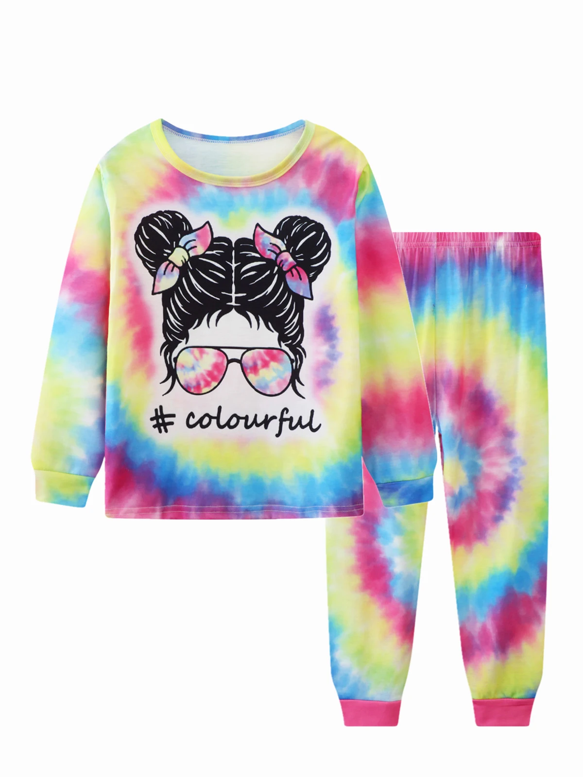 Girls Tie Dye Cartoon Fashion Long Sleeve Pajamas Set Two-piece Set