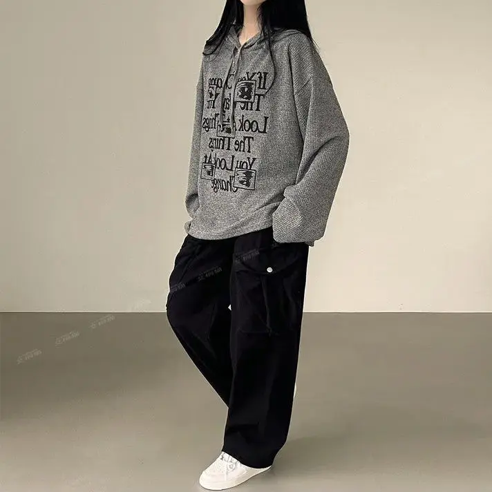 Letter Printed Hoodies Women Casual Loose Long Sleeve Hoodie Vintage Harajuku Trend Hooded Clothes Oversized Sweatshirt Coat