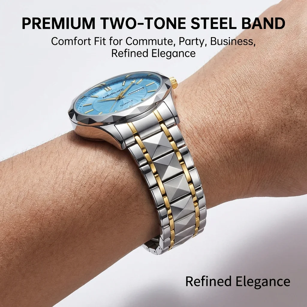 1pcs Men's sky blue dial alloy strap vintage fashion classic business calendar details Quartz Watch for business party holiday