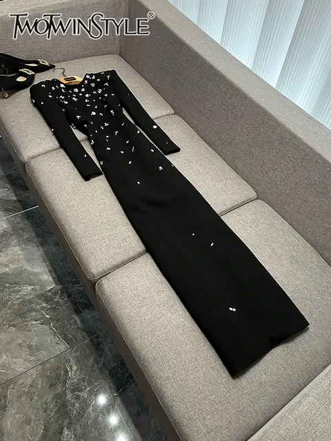 TWOTWINSTYLE nowa modna sukienka dla kobiet O Neck z długim rękawem wysokiej talii łączone diamenty wyszczuplająca sukienka na imprezę kobieta KDR 518124