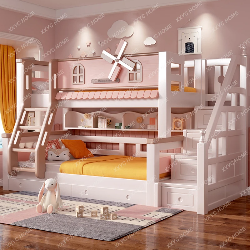 

Solid Wood Bunk Bed Pink White Children's Bed Windmill Cartoon High and Low Shop Bunk Bed Little Girl Bunk Bed