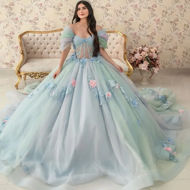 Vestido de quinceañera cian, calcomanía de tul de cristal de encaje, flor 3D, capas de encaje, vestidos de 15 quinceañera ﻿ Personalizado