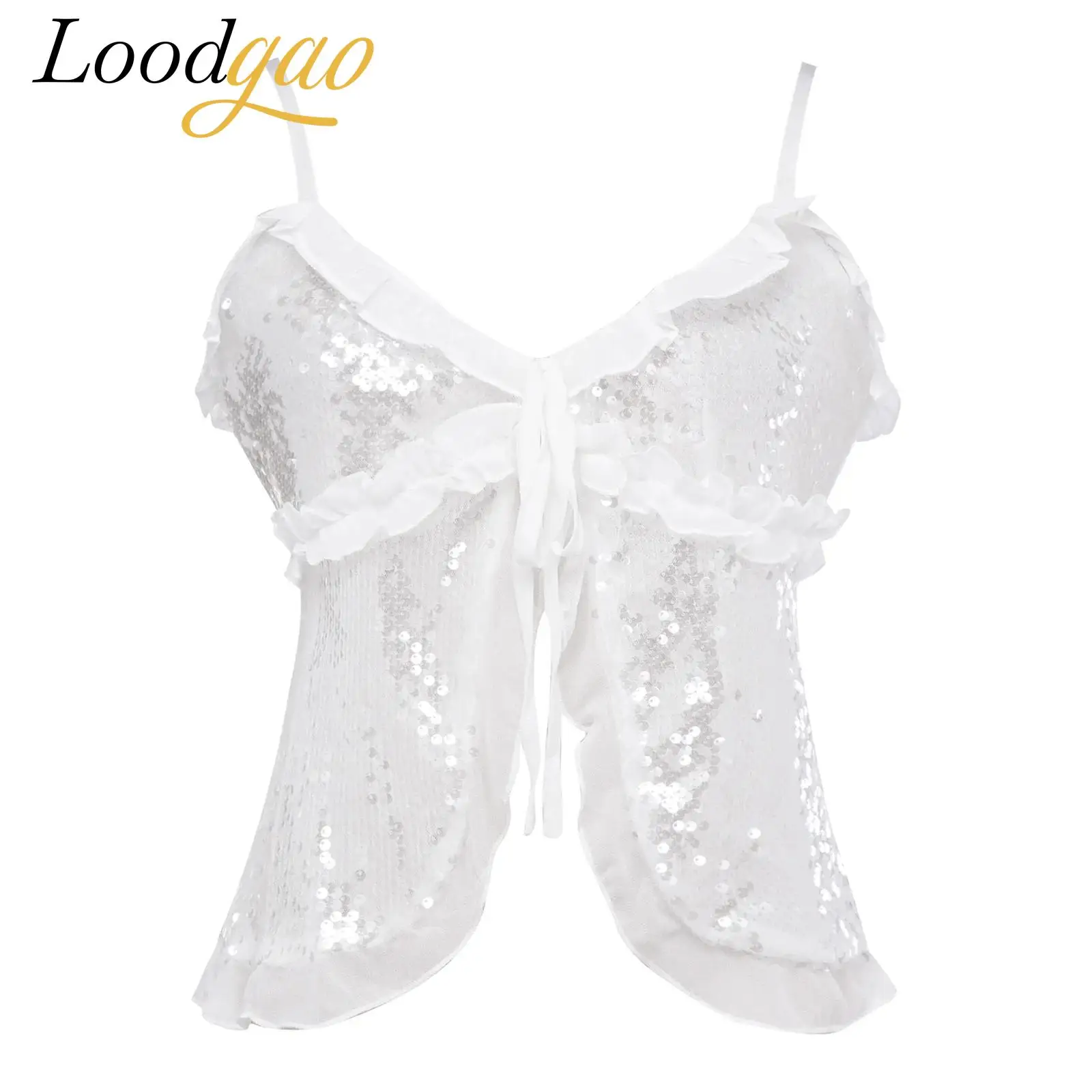 Women Spaghetti Straps Camisole Sling Top Bar Club Nightclub Outfits Disco Costume Camis Lady Shiny Sequin Ruffled Trim Crop Top