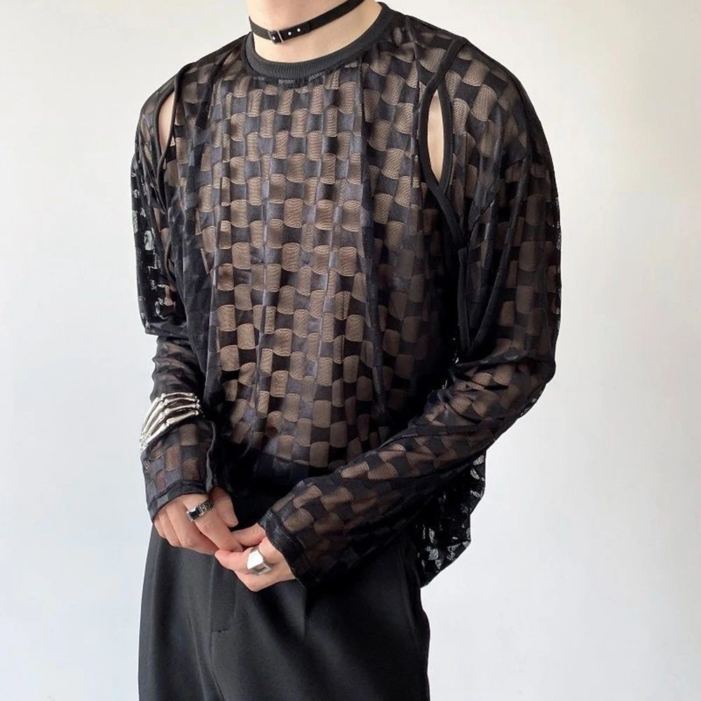 

2026 Summer New Men's Mesh Semi-Transparent Long-Sleeve T-Shirt Retro Fashion Trendy High Street Loose Casual Niche Men's Top