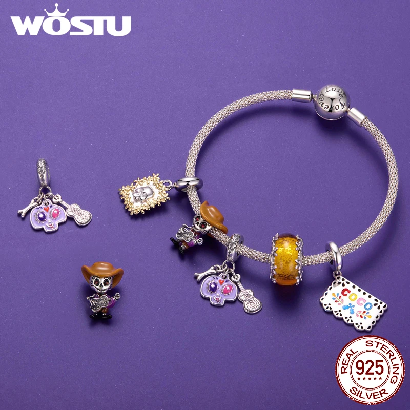 WOSTU 925 스털링 실버 해골 기타리스트 참 해골 사진 액자 펜던트 여성용 팔찌 DIY 고급 주얼리 선물