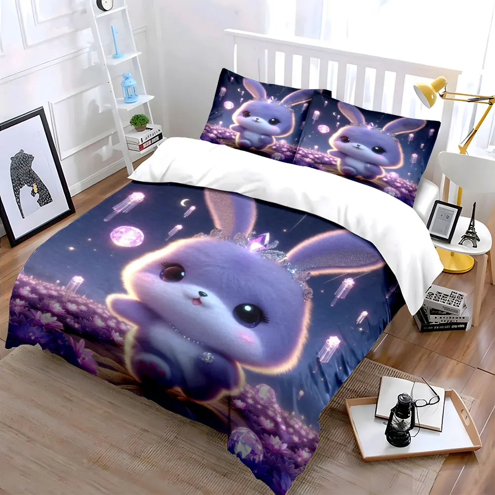 Fluffy purple bunny with jeweled crown Duvet Cover Set with 3D Printing Design Soft Polyester Bedding Set All-Season Comfort
