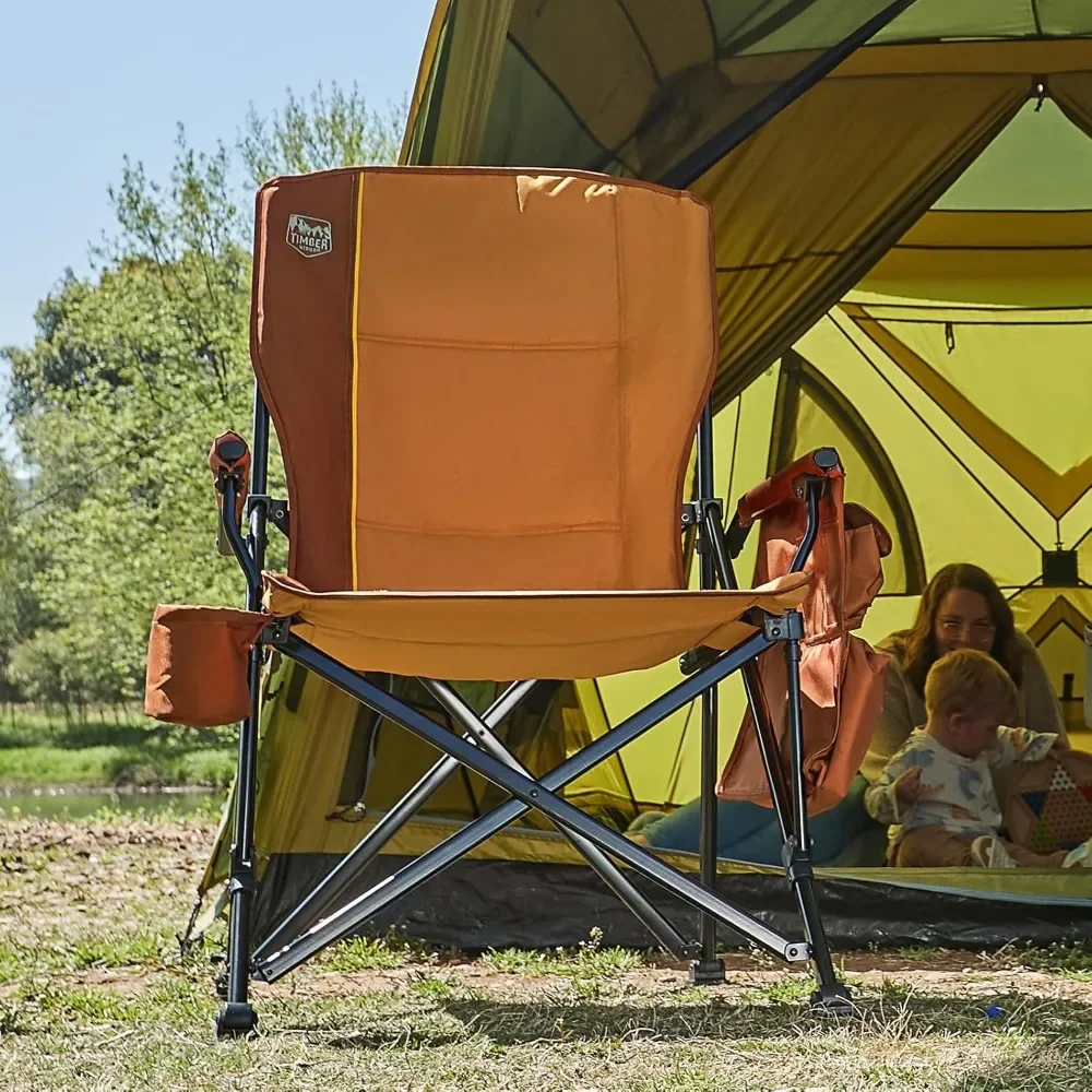 كرسي تخييم كبير الحجم قابل للطي عالي التحمل مع دعم خلفي عالي وحامل أكواب وجيب جانبي للبالغين حتى 500 رطل