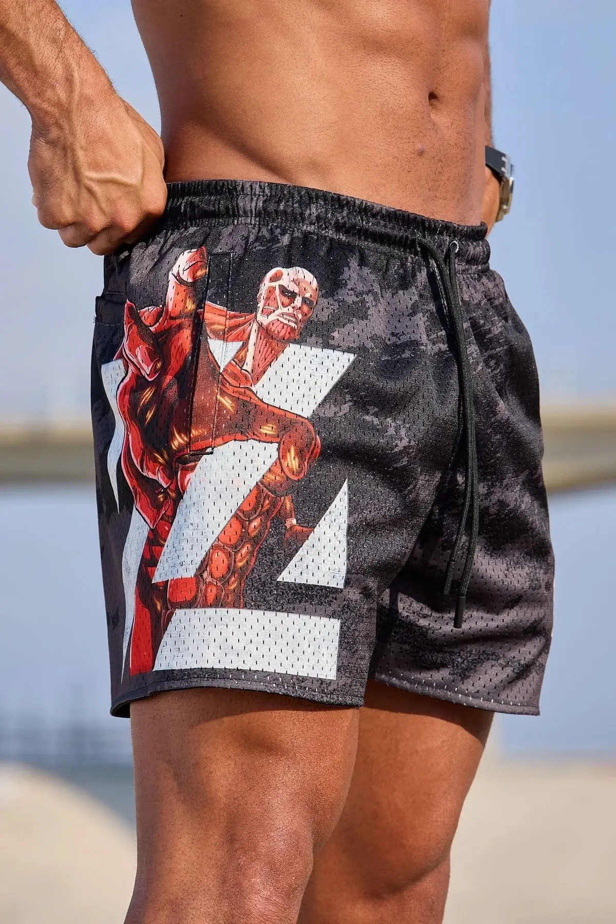 Shorts da moda americana masculina, estilo anime legal, malha de secagem rápida, estiramento respirável, calção de cordão, calça de praia casual