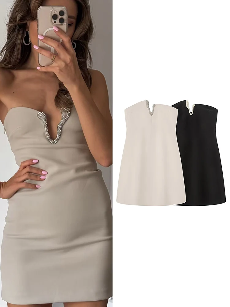 فستان نسائي قصير بدون حمالات على الموضة من TFMLN لصيف 2025 جديد أنيق برقبة على شكل حرف v مثير بدون أكتاف فساتين قصيرة أنيقة عتيقة ﻿