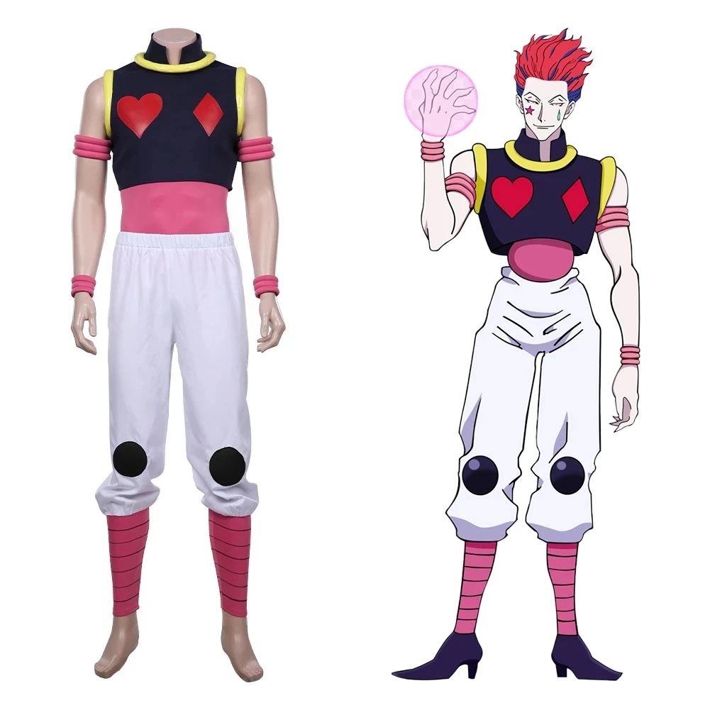 Hunter X Hunter Hisoka 코스프레 남성용 탑 팬츠 풀 세트, 포커 패턴 프린트 코트, 애니메이션 의상, 할로윈 의류 가발