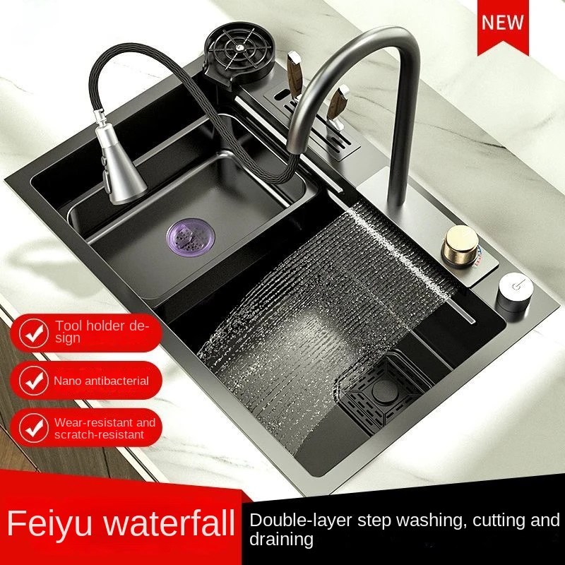 

2023 Waterfall Sink Kitchen Stainless Steel Topmount Sink Large Single Slot Wash Basin With Multifunction Touch Waterfall Faucet