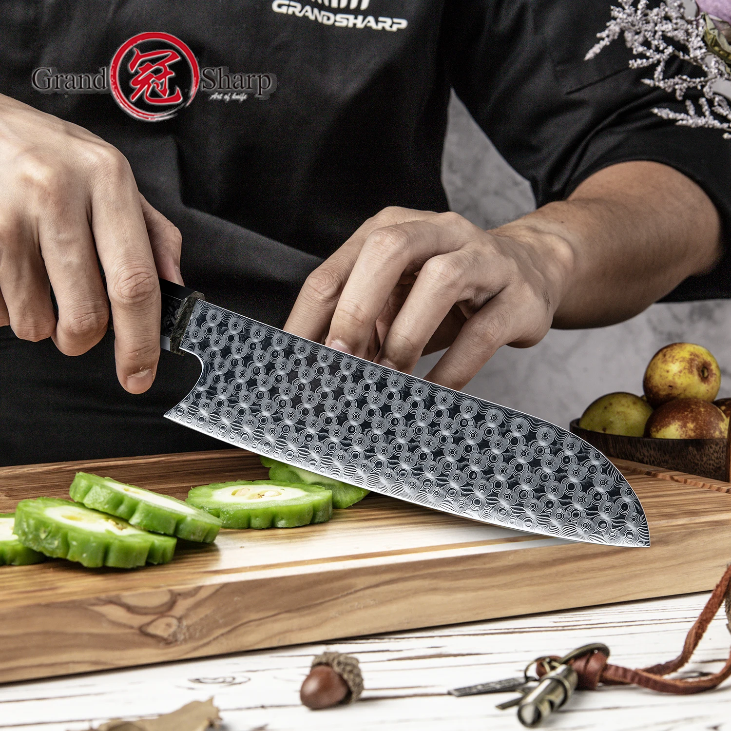 Pisau Santoku Buatan Tangan GRANDSHARP 110 Lapis Baja Damaskus Pisau Dapur Profesional Chef Memasak Pegangan Desain Sarang Lebah