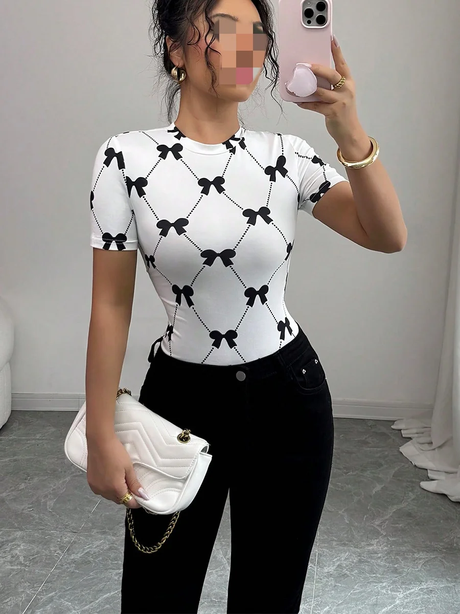 Y2K Summer Bow Print women's t-shirts Kpop Kawaii Harajuku Vintage Tops Cute Funny Corset Tees Tshirt Streetwear Cheap Clothes
