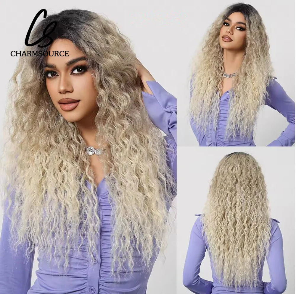 CharmSource blonde Long Deep Curly Wigs Synthetic Lace Front Wig for Black Women Hair Daily Party High Density Heat Resistant