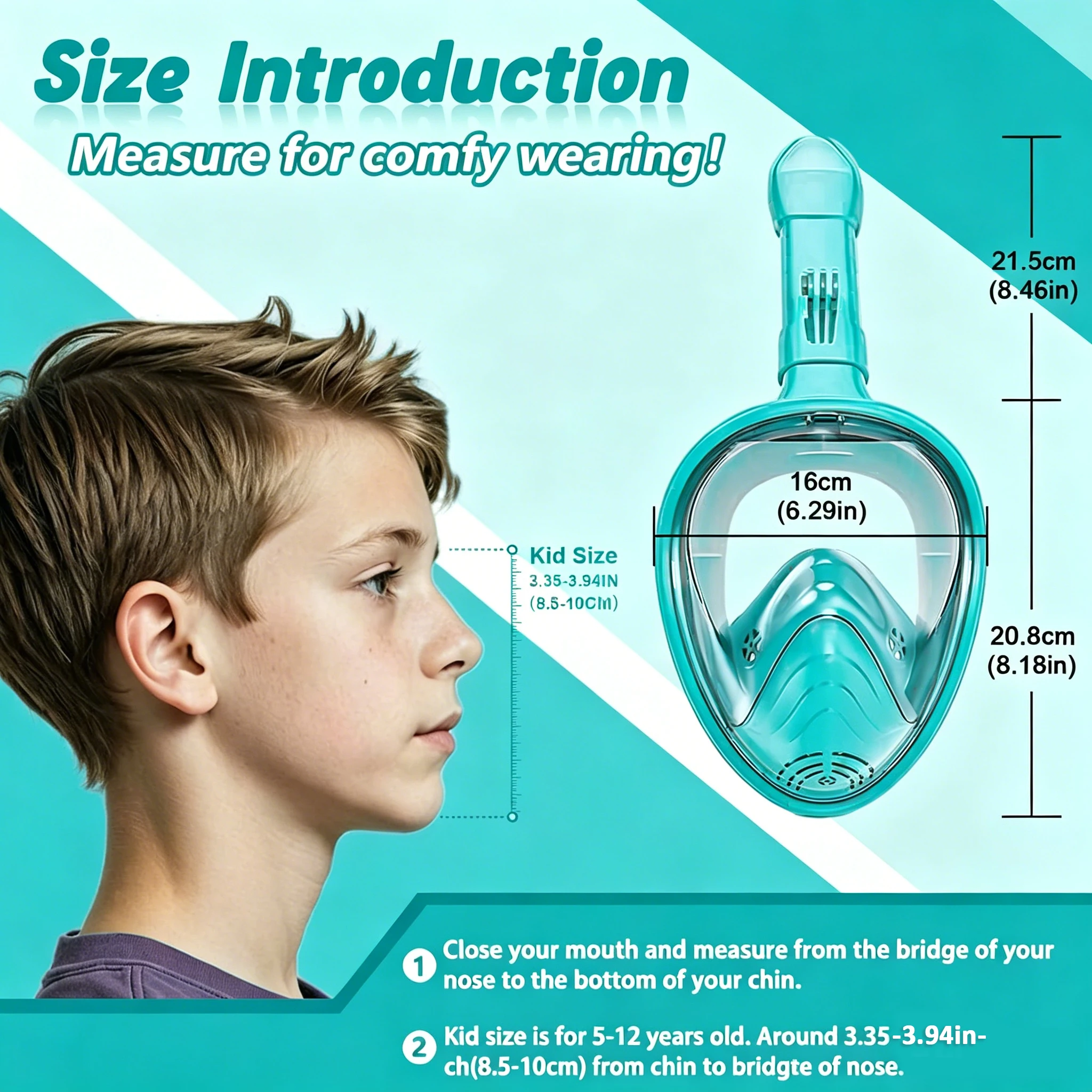 2-Piece Kids Full Face Snorkel Mask With Detachable Camera Mount Wide View 180-Degree Panoramic Swim Child Foldable Snorkeling