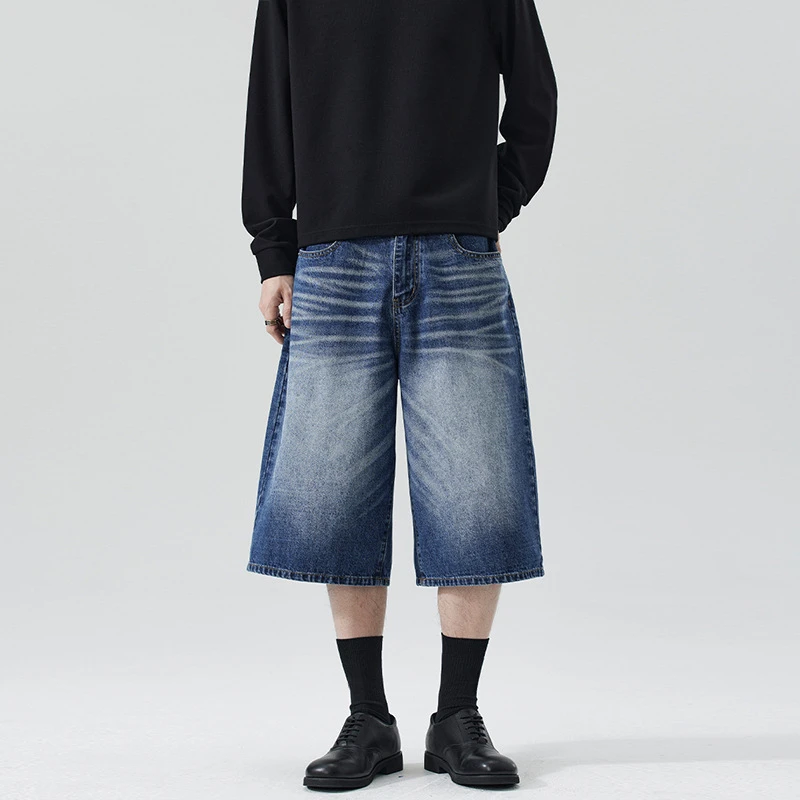 QICHE Unisex Casual Cropped Denim Pants 11.7oz Washed Jeans With Hand Painted Whisker Details