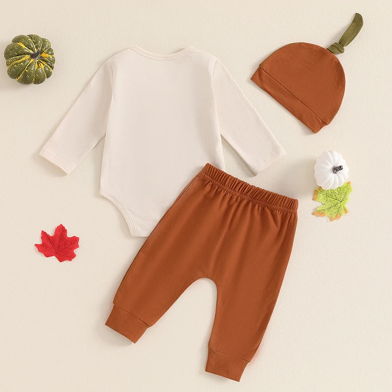 Newborn Baby Boy Halloween Outfit Cutest Pumpkin In The Patch Romper Long Pants Hat 3Pcs Fall Outfit 0-18M