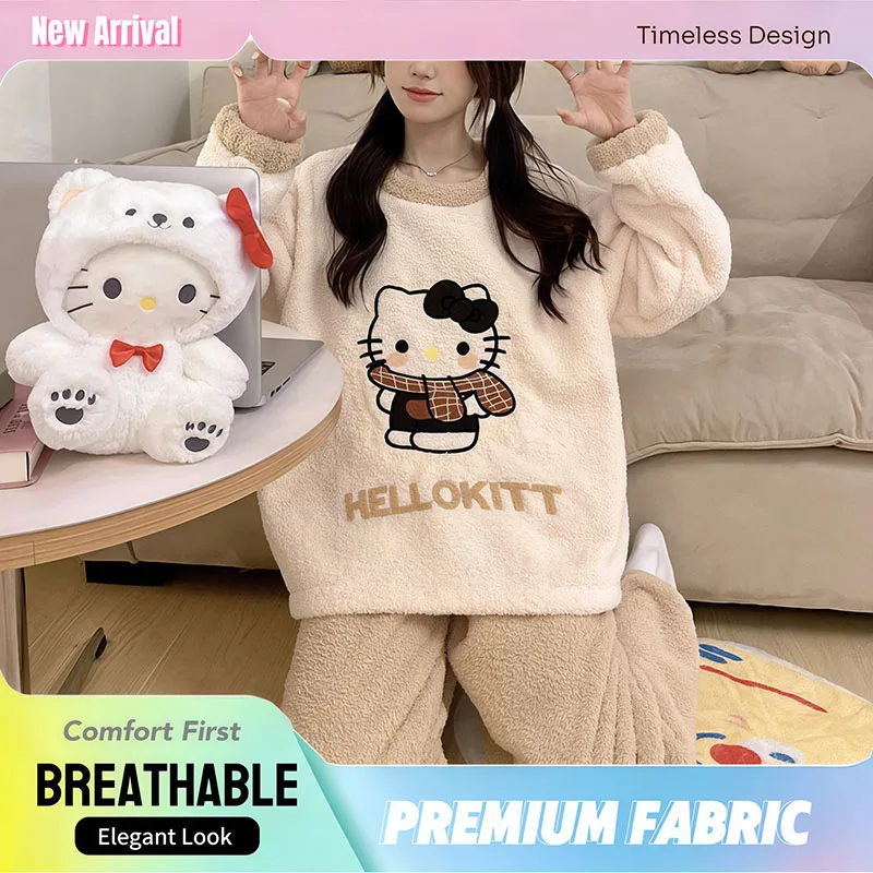 

Sanrio Hello Kitty Pajamas Set Sherpa Fleece Long Sleeve Fleece Lined Thickened New Winter Women's Cozy Warm Home Loungewear