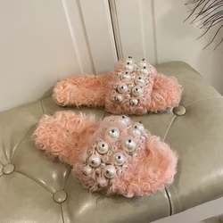 Real Wool Lamb Slippers For Women Hand Sewn Pearl Luxury Autumn Winter New Korean Style Fashion Outdoor Flats All-Match Slippers