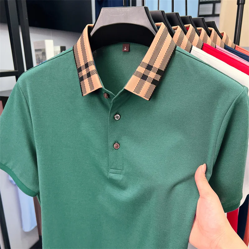 

Высококачественная шелковая хлопковая дышащая рубашка-поло с короткими рукавами новый тренд 2024, брендовая клетчатая футболка с лацканами, деловая повседневная мужская футболка для гольфа