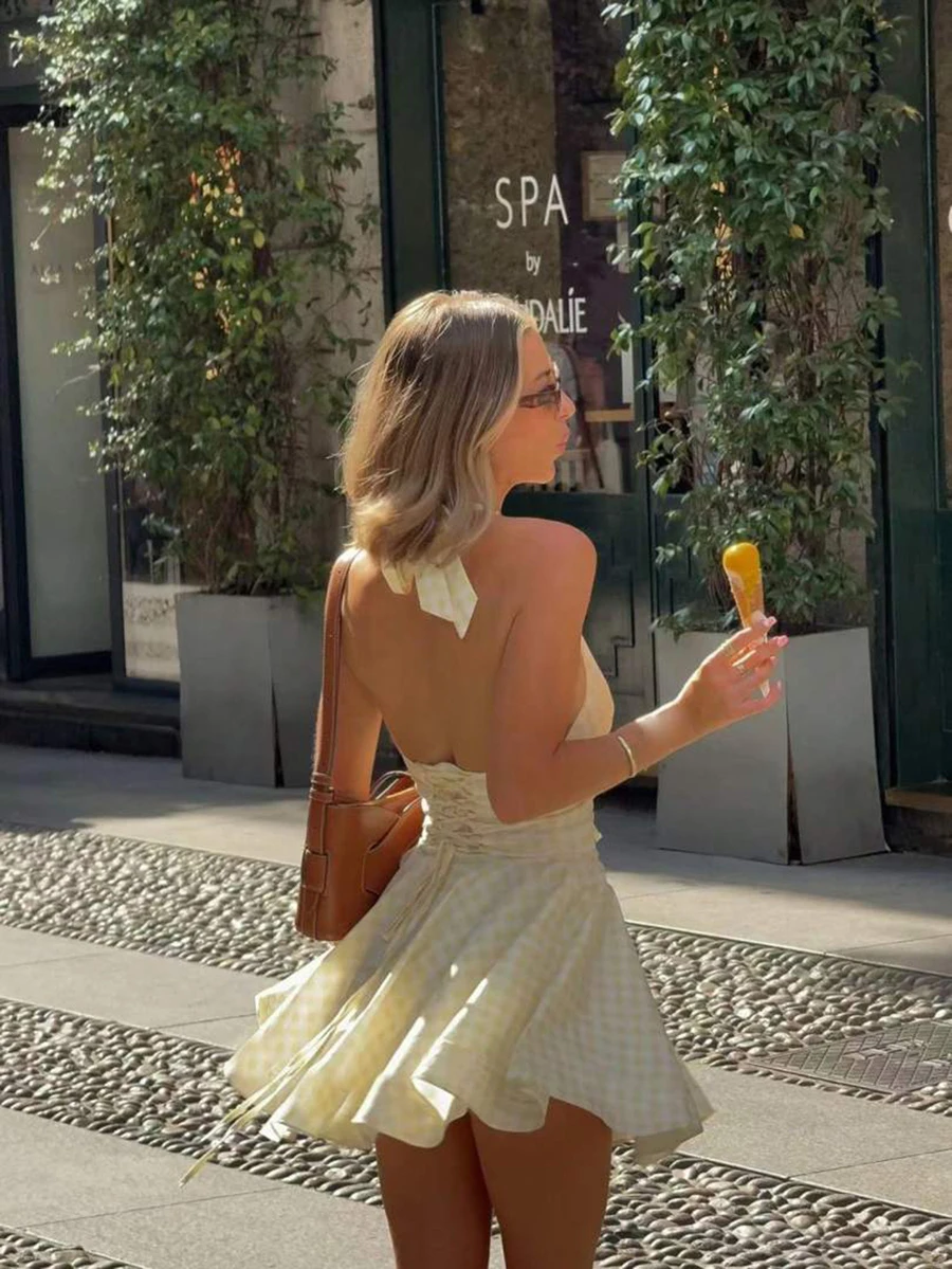 

Casual Backless A-Line Mini Dress With Folded Hem Lightweight Fabric