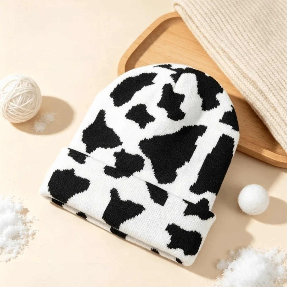 Casual Thickened Cow Pattern Knitted Hat Keep Warm Ear Protection Pullover Hat Elastic Windproof Winter Beanie Hat Winter
