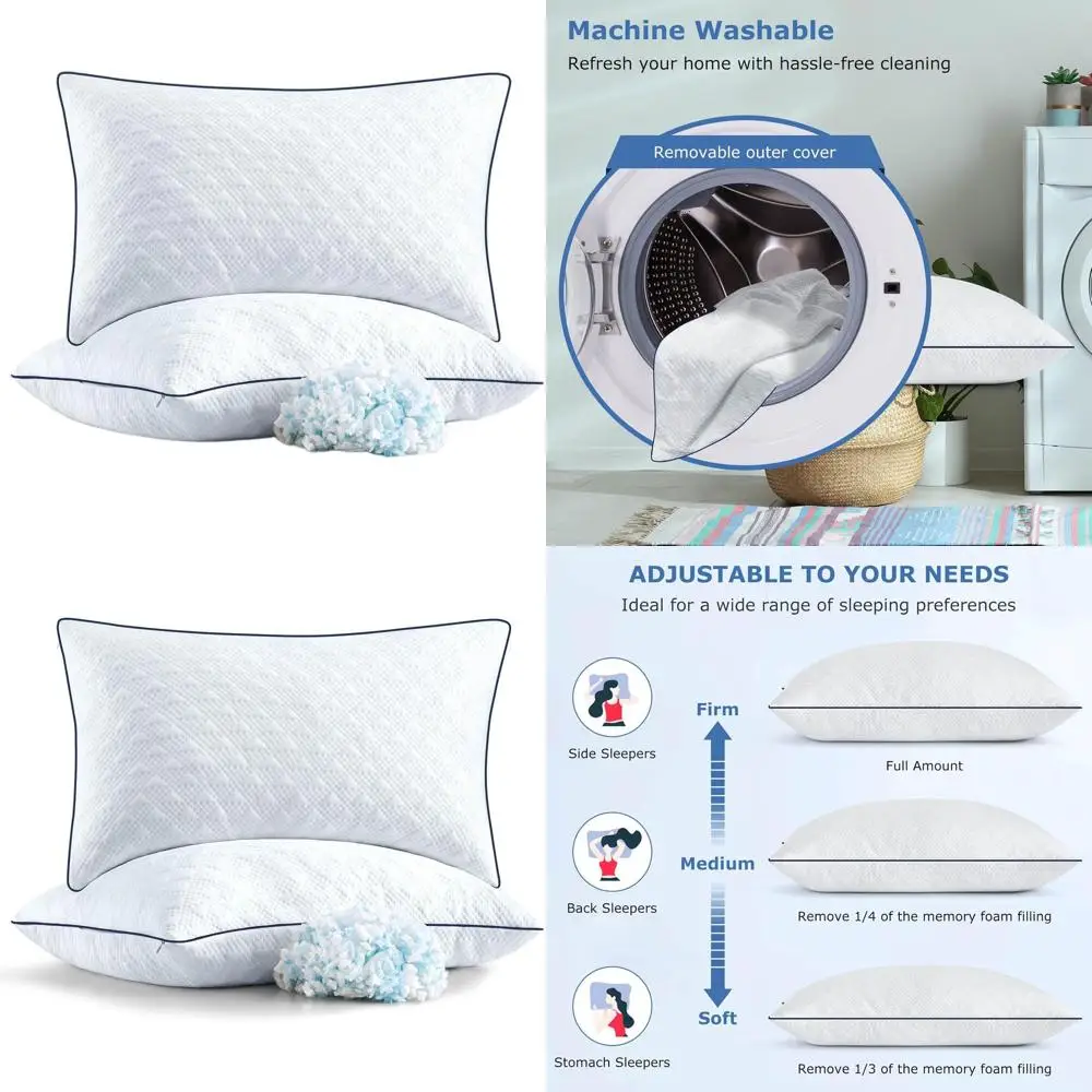 

Комплект охлаждающих подушек King Size из пены с эффектом памяти для сна на боку и на спине с регулируемым наполнителем из измельченной пены и моющимся чехлом