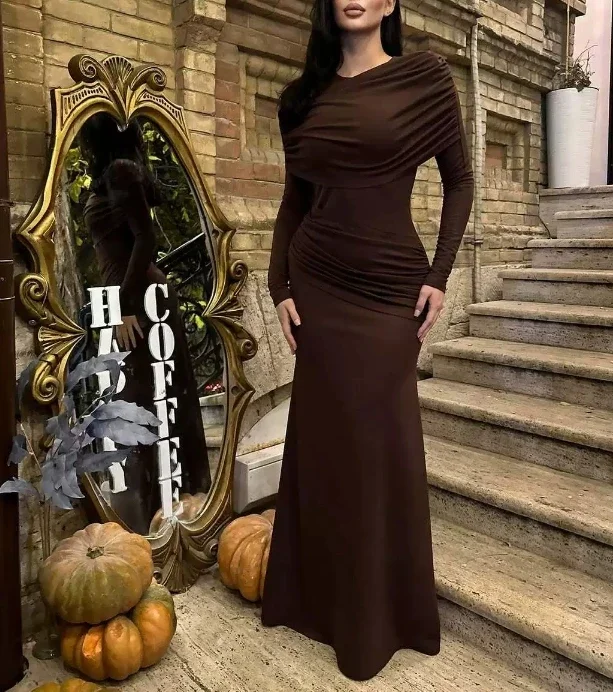CPSYMYM Damesjurken Lente Nieuwe Ronde Hals Lange Mouwen Elegant Temperament Ruches Taille Cinching Skinny Avond lange Jurk