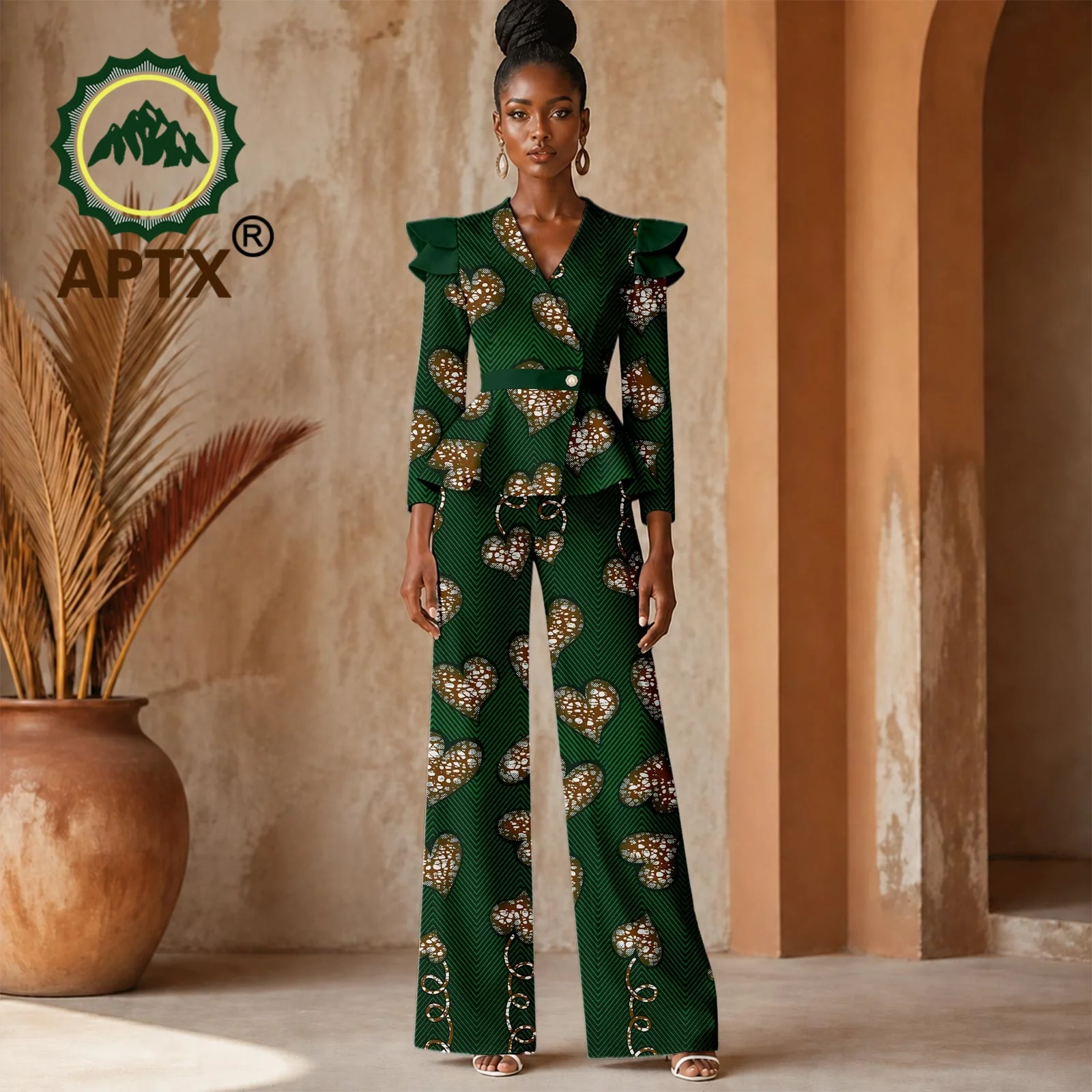 African  Women's set Ankara Printed V-Neck Long Sleeve Patchwork Coat and Floor-Length Pants Two-piece Suit Dashiki Casual Set
