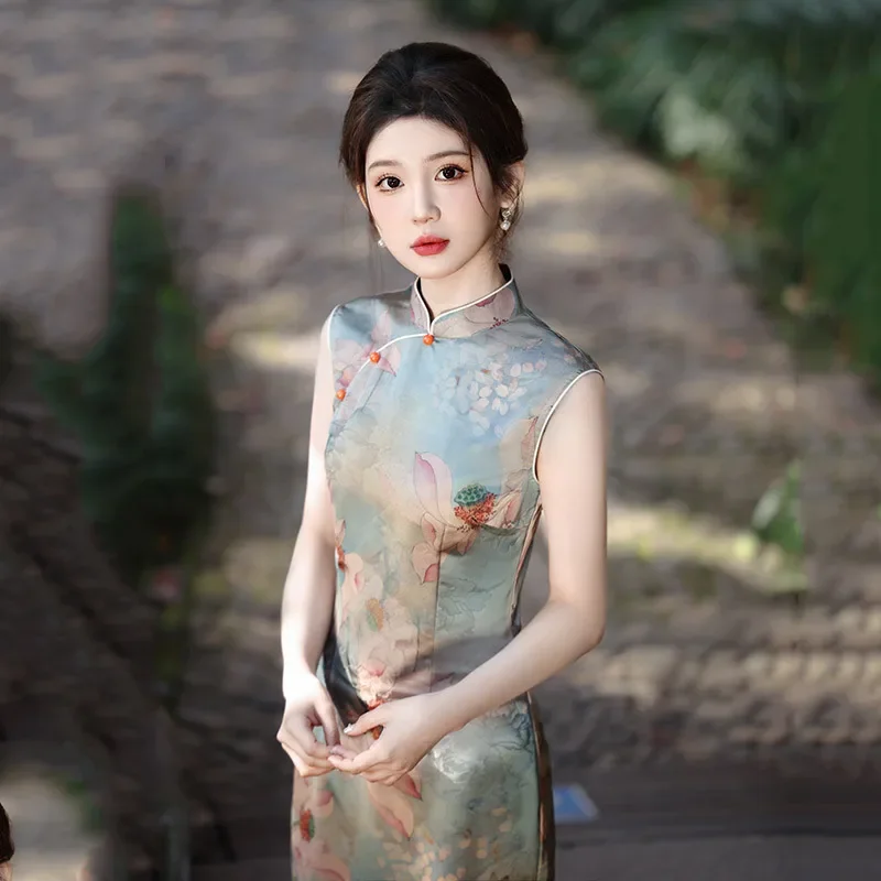 

Traditional Chinese Dresses Women's Qipao Elegant Print Lotus Female Long Cheongsam Sexy Formal Rayon Qipao Classic Vestidos