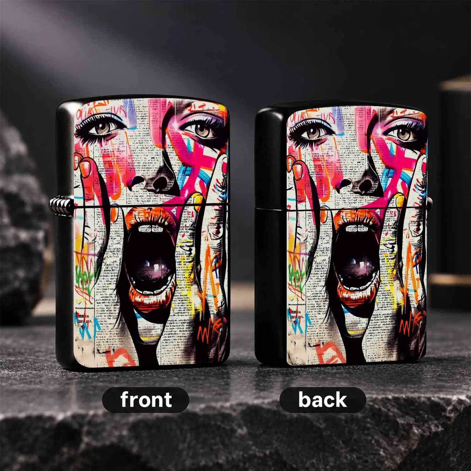 Trendy Graffiti Art Portrait Lighter, Vibrant Neon Color Street Style Newsprint Textured Creative Accessory, Portable All-Scenario Daily Carry Essential, Unique Novelty Practical Gift For Art Lovers And Trendy Friends A Humorous And Interes