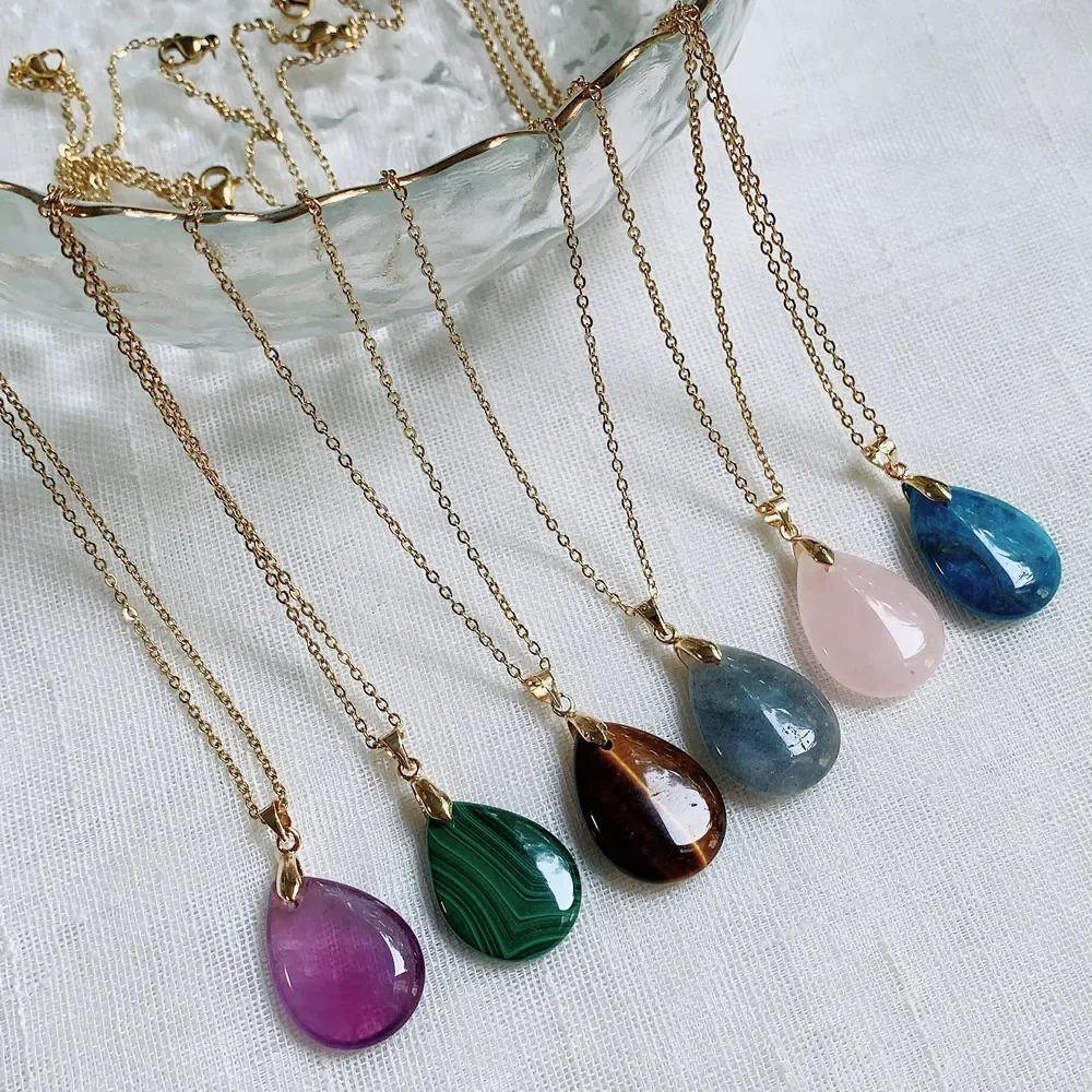 Natural Crystal Stone Pendant Necklace for Women Gold Color Chain Water Drop Blue Apatite Malachite Purple Crystal Necklaces