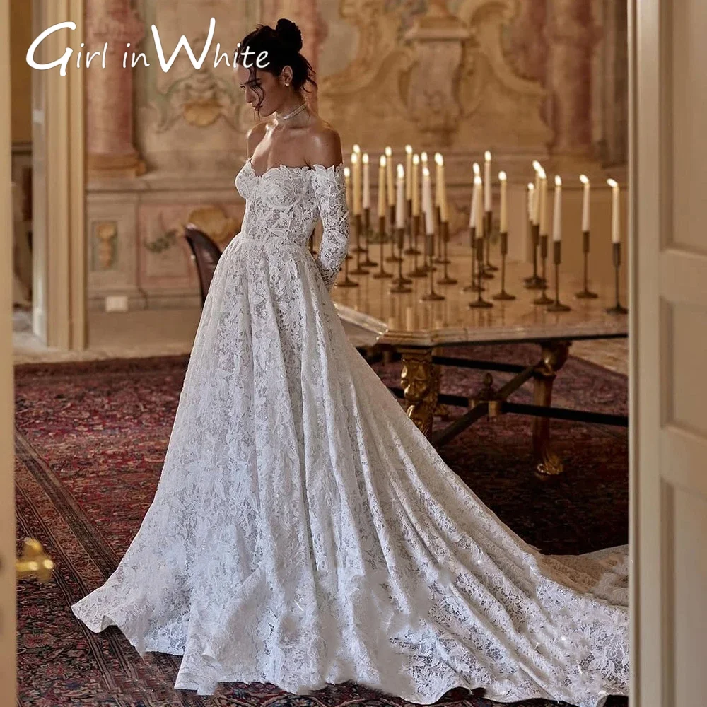 Customized Lace Sweetheart Off Shoulder Long Sleeves Lace 2026 Wedding Dress Backless Ball Gown Bridal Attire Elegant Design