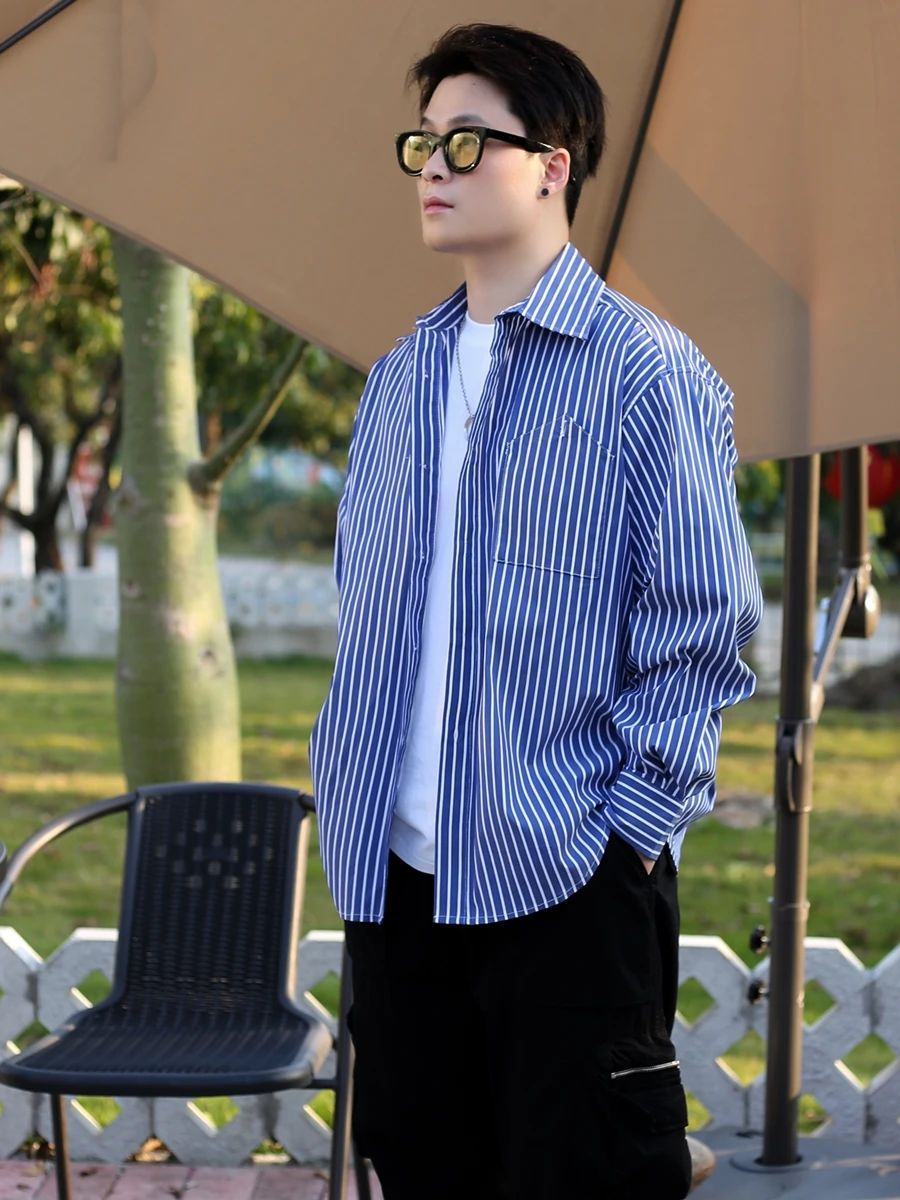 

Loose Fit Long Sleeve Cityboy Shirt Men's Spring Autumn Blue White Stripes Oversize Trendy Japanese Style Fashion Shirt