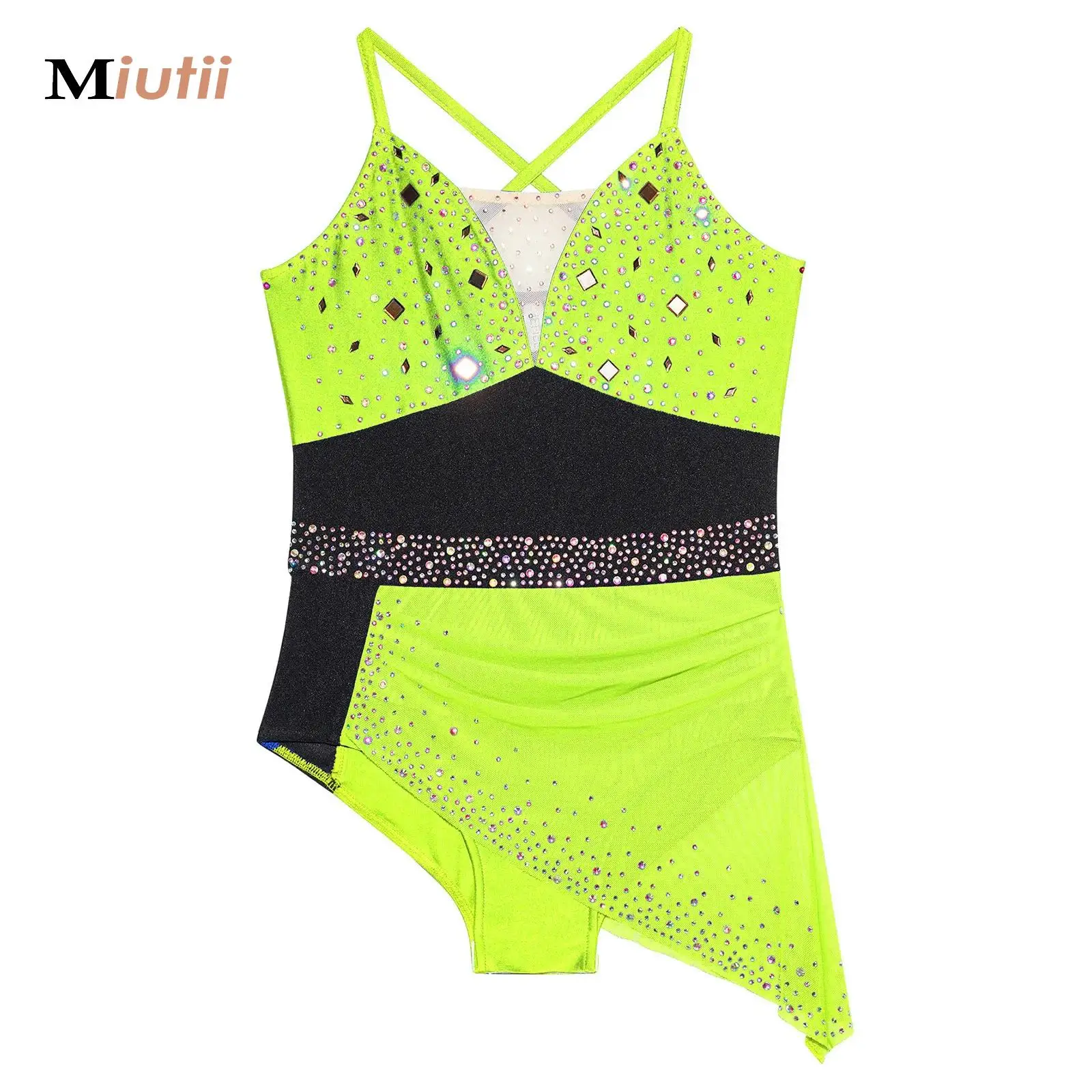 

Kids Girls Artistic Figure Skating Ballet Lyrical Dance Costume Dress Color Block Sheer Mesh Ruched Glittery Rhinestones Clothes