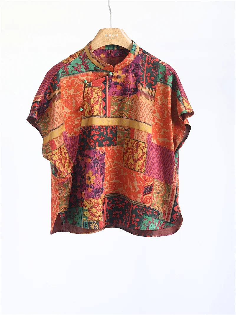 

Новая женская блузка в китайском стиле с ретро-цветочным принтом, шелковая, красная, с коротким рукавом, воротником-стойкой, удобная, весна-лето