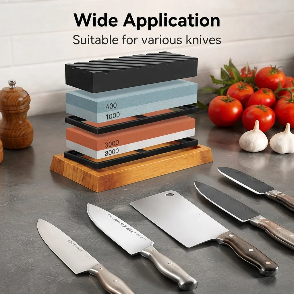Complete Sharpening System – 4 Grit Stages (400/1000/3000/8000) on One Stone, Includes Bamboo Base & Sharpening Angle Holder