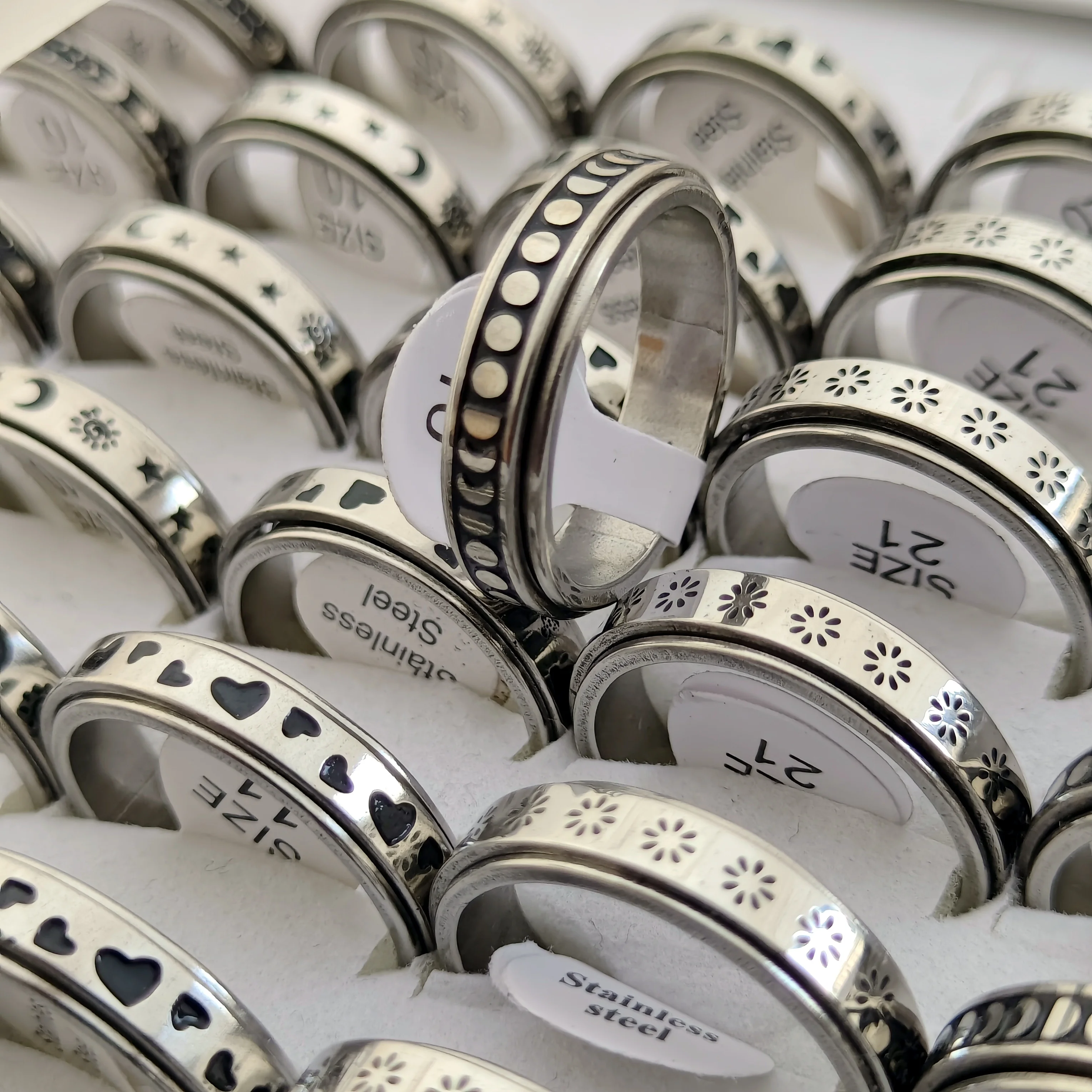 36 teile/los Frei Drehen Spinning Edelstahl Angst Ring Für Frauen und Männer Mond Sterne Kette Spinner Fidgets Ring Anti Stress – Detail 7