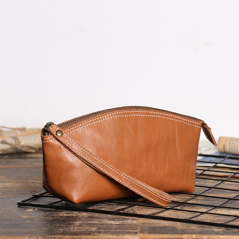 Vegetable Tanned Leather Organizer Wallet for Women Men's Vintage Black Genuine Leather Pocket Purse Cheap Wallet for Key Phone