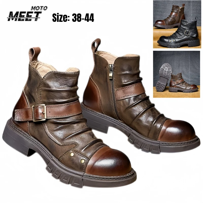 Retro Handmade Men's Motorcycle Riding Boots, Genuine Leather Chelsea Boots with Buckle & Zip, Casual Short Moto Boots for Men
