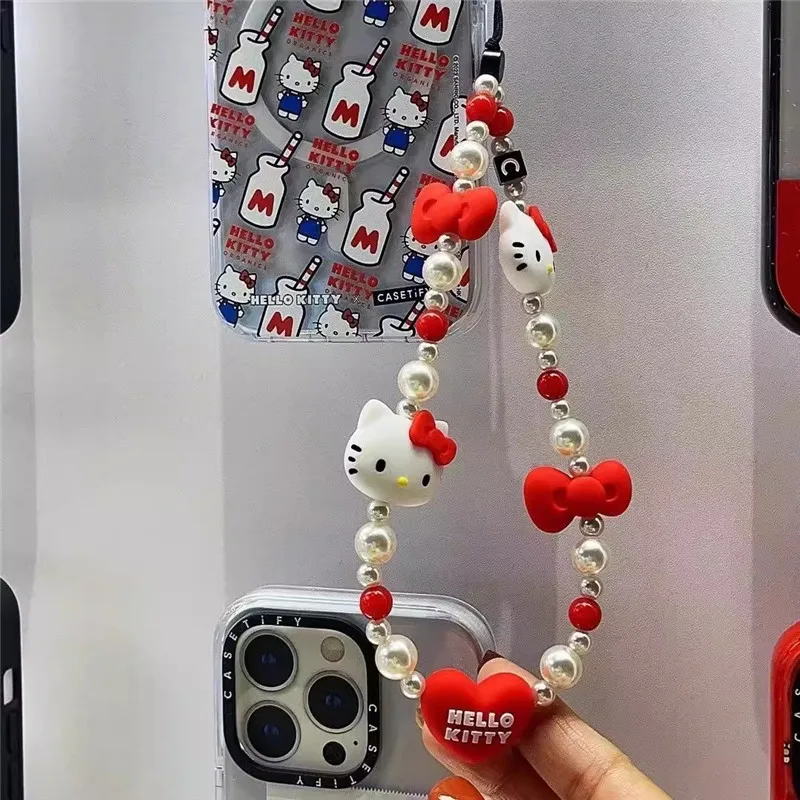 Sanrio Hello Kitty Bracelet Lanyard for iPhone Samsung Huawei Xiaomi Mobile Phone Case Bead Anti-Lost Wrist Strap Car Keychain